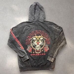 Breckenridge Colorado Tiger Skull Tattoo Graphic Mineral Wash Hoodie Black XL